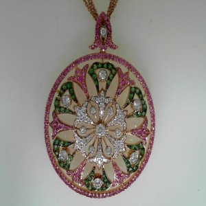 18 Karat Rose & White Gold Pendant With 68=0.93tw Round Diamonds, 162=1.29tw Round Pink Sapphires And 60=0.65tw RoundTsavovrites Length: 18 Inches