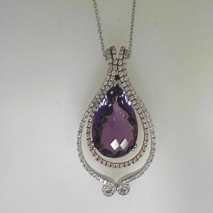 18 Karat Rose & White Gold Pendant With One 12.73Ct Pear Amethyst And 143=1.05Tw Round Diamonds In 16 Inch Cable Chain