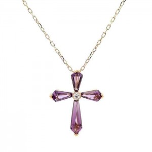 Charles Krypell 18 karat Yellow Gold Cross Necklace With 4 Kite-Shape Amethyst at 1.00CTW And One Round Brilliant Diamond At 0.03CTW 18 inch