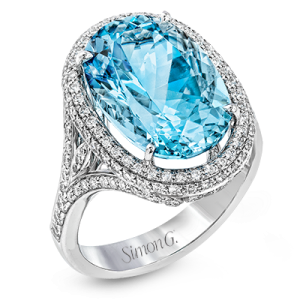 Simon G 18 Karat White Gold 7.71 Ct Oval Cut Aquamarine And 0.70 Ct Diamond Ring