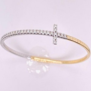 14 Karat Yellow&White Gold Flexible Cross Bangle Bracelet With 1.03Tw Round Diamonds