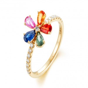 14 Karat Yellow Gold Flower Ring  With 5=1.17Ct Pear Sapphires And 15=0.23Ct Round Diamonds 
Ring Size: 7