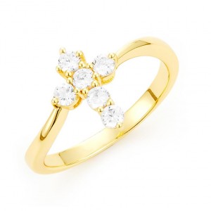 14 Karat Yellow Gold Cross Ring With 6=0.90Tw Round Diamonds