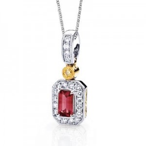 Simon G 18 Karat White Gold Pendant With One Emerald Cut Ruby 0.34Ct,  One Round Yellow Diamond And Round G Si1 Diamonds At 0.12Tw On 18 Inch Chain