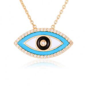 14 Karat Yellow Gold Enamel Evil Eye Pendant With 0.12Tw Round Diamonds  Length: 18