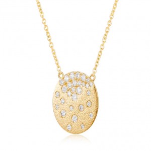 14 Karat Yellow Gold Distressed Finish Scattered Diamond Disc Pendant With 0.29Tw Round Diamonds
Length: 18