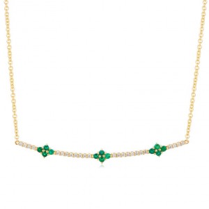 14 Karat Yellow Gold  Horizontal Bar Necklace With 0.34 ct Round Emeralds And 0.23 ct Diamond 
18 Inch