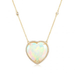 14 Karat Yellow Gold Pendant With One 9.70Ct Heart Opal and 0.38 ct Diamonds
Length: 18