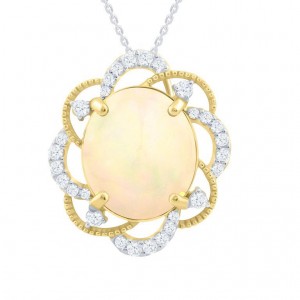 14 Karat Yellow Gold Pendant With One 5.06Ct Oval Opal And 0.34Tw Round Diamonds 
Length: 18