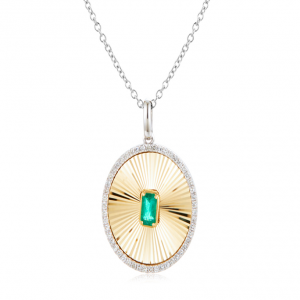 14K And Platinum Diamond-Cut Medallion Pendant With One 0.34Ct Emerald Cut Emerald And 0.27Tw Single Cut Diamonds on 14 Karat White Gold 18