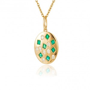 14 Karat Yellow Gold Scattered Gemstone Pendant With 7=0.31Tw Baguette Emeralds And 0.22Tw Round Diamonds 
Length: 18