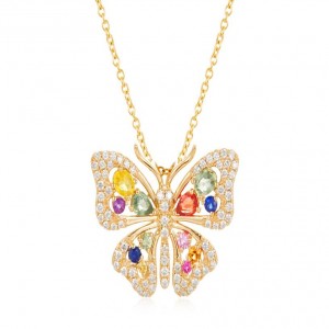 14 Karat Yellow Gold Butterfly Pendant With 12=1.18CT Various Shapes& Color Sapphires And 0.53CT Round Diamonds 
Length: 18