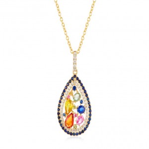 14 Karat Yellow Gold Double Halo Pear Shape Pendant With 2.26CT Various Shapes Sapphires And 0.20CT Round Diamonds
Length: 18