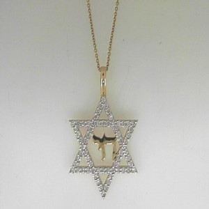 14 Karat Pendant Yellow/White Jewish Star with Chai  With 0.93Tw Round Diamonds  Length: 18