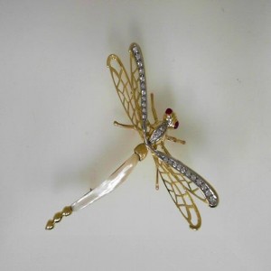 Estate Dragonfly 18 Yellow Gold Karat Diamond Brooch With Ruby Eyes & Pearl Tail