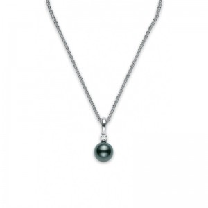 Mikimoto 18 Karat White Gold Pendant  9mm A+ Quality  Black South Sea Cultured And Diamond  One 0.10ct Diamond