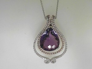 18 Karat Rose & White Gold Pendant With One 12.73Ct Pear Amethyst And 143=1.05Tw Round Diamonds In 16 Inch Cable Chain