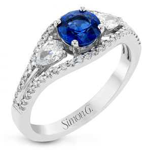 Simon G 18 Karat White Gold Fashion Ring With One Round Sapphire At 0.93Ct And 50 Round G Vs2 Diamonds At 0.27Tw ,Two Pear G Vs2 Diamonds At 0.29Tw