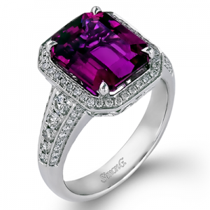 Simon G 18 Karat White Gold Fashion Ring With One 4.00Ct Emerald Shaped Rubelite And 82=0.58Tw Round Diamonds Ring Size: 6.5