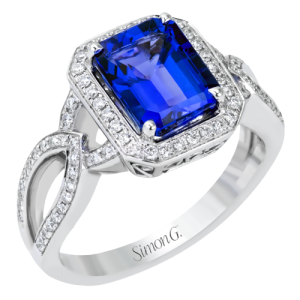 Simon G 18 Karat White Gold 2.72 Ct Emerald Cut Tanzanite And 0.31Tw Round Diamond Ring