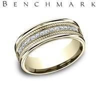 Benchmark 14 Karat Yellow Gold 7.5mm Roped Wedding Band With Diamonds 0.32Ctw   SIZE 10