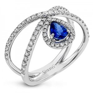 Simon G: 18 Karat Modern Enchantment Fashion Ring With 68=0.50Tw Round G SI1 Diamonds And One 0.44Ct Pear Sapphire Ring Size: 6.25