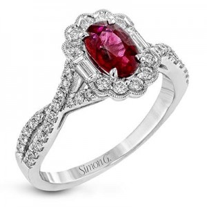 Simon G 18 Karat White Gold  0.80 Ct Oval Cut Ruby With 0.55 Ct Baguette And Round Brilliant Cut Diamond Ring