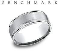 Benchmark 14 Karat White Gold 8mm Milgrain Satin Center Wedding Band  Size 10