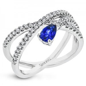 Simon G 18 Karat White Gold Bypass Ring With  One Pear Sapphire At 0.45Ct And Round Diamonds At  0.35Tw