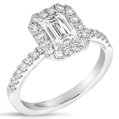 14 Karat White Gold Engagement Ring With One 1.02Ct Emerald Diamond And 32=0.49Tw Round Diamonds