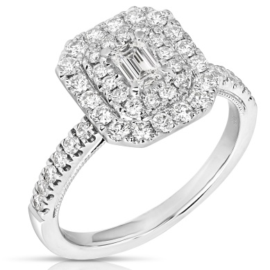 14 Karat White Gold Engagement Ring With One 0.32 Ct Emerald Diamond And 46=0.75Tw Round Diamonds