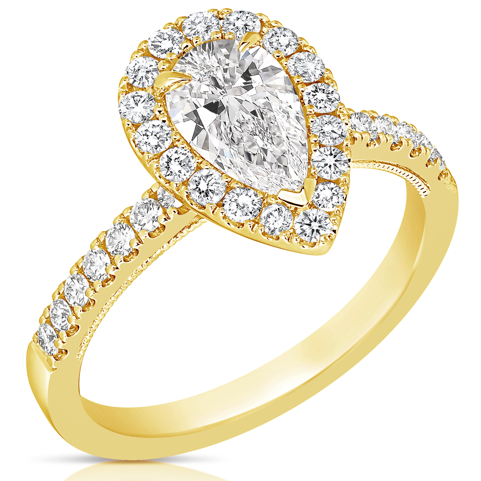 14 Karat Yellow Gold 1.11 Cts Pear Shape Diamond Halo Engagement Ring with 0.63 ct