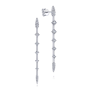 Gabriel & Co:14 Karat White Gold Diamond Station Long Bar Earrings With 22 Round Diamonds At 0.50ct