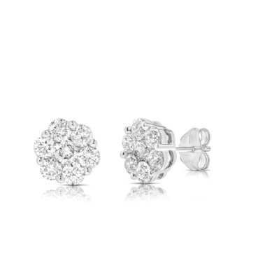 14 Karat White Gold Flower Cluster Diamond Stud Earrings 1.54 Cts