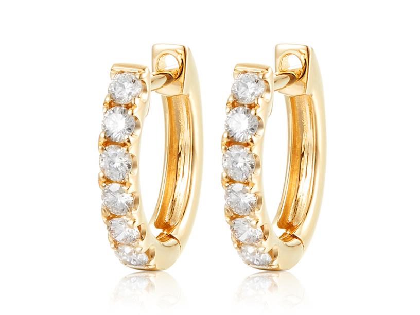 14 Karat Yellow Gold Small Hoop Earrings 12=0.49tw Round Brilliant Diamonds