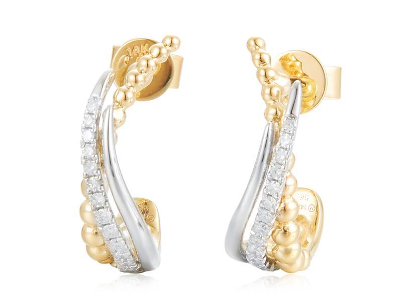 14 Karat Yellow & White Gold Beaded Swirl J Hook Earrings With 0.20Tw Round Diamonds