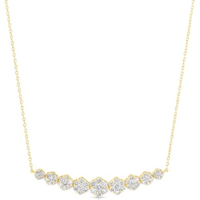 14 Karat Yellow Gold 1.54 Ct Diamond Flower Cluster Necklace 16 Inch