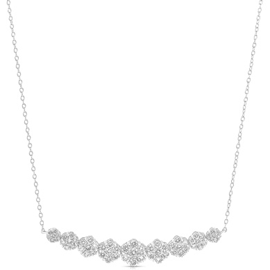 14 Karat White Gold Graduated Flower Cluster Diamond Necklace 1.52 Ct  16 Inch