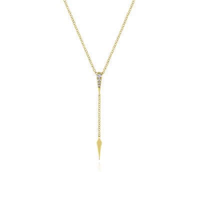 Gabriel & Co 14 Karat Yellow Gold Pave 0.05 ct Diamond Y And Kite Shape Drop Necklace 
Chain Length: 16 Inch