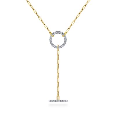 Gabriel & Co 14 Karat Yellow Gold Diamond Circle and Bar Y-Knot Necklace with Hollow Paperclip Chain 0.55Ctw