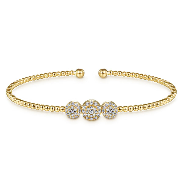 Gabriel & Co 14K Yellow Gold Bujukan Bead Cuff Bracelet with Three Pave Diamond Stations 0.35CTW