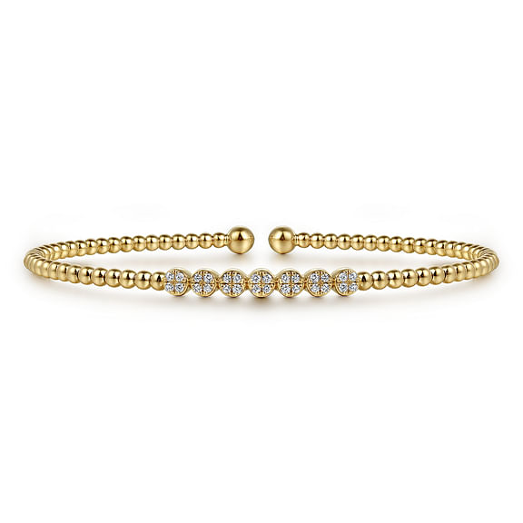 Gabriel & Co 14K Yellow Gold Bujukan Bead and Cluster Diamond Bangle 0.13CTW