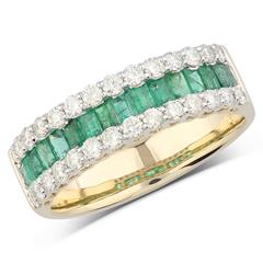 14 Karat Yellow Gold 3-Row Wide Band With 15=0.63Tw Baguette Emeralds And 28=0.54Tw Round Diamonds 
Ring Size: 7.5