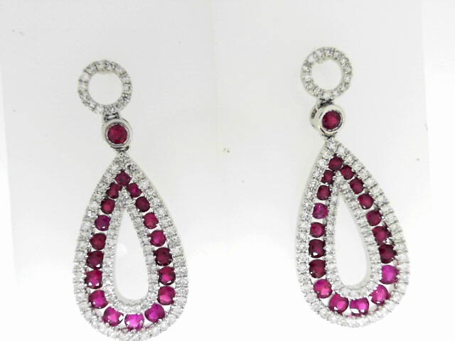 Platinum Open Teardrop Shaped 1.72 cts Round Ruby Gemstones  And 0.83Ct  Round Diamonds Earrings