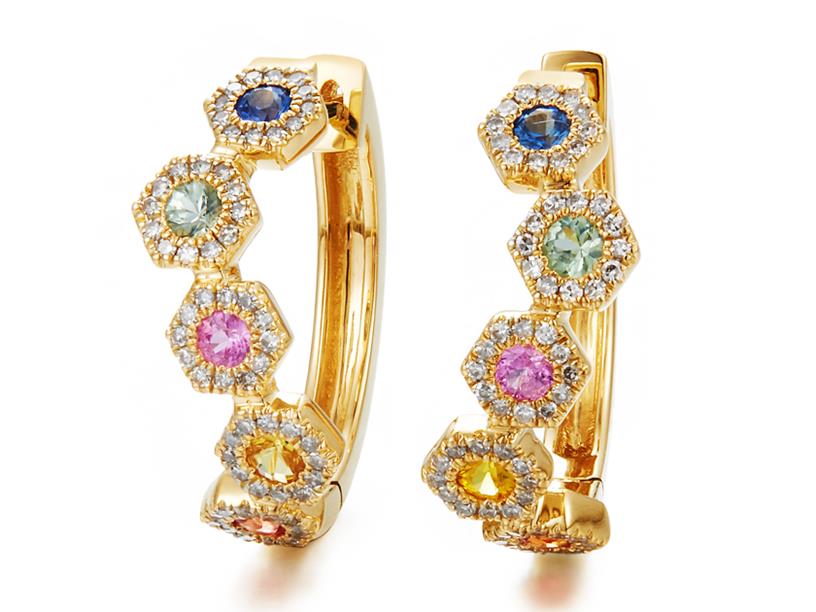 14 Karat Yellow Gold Small Halo Hoop Earrings With 10=0.86CT Round Various Color Sapphire Gemstone And 0.34CT  Round Diamonds