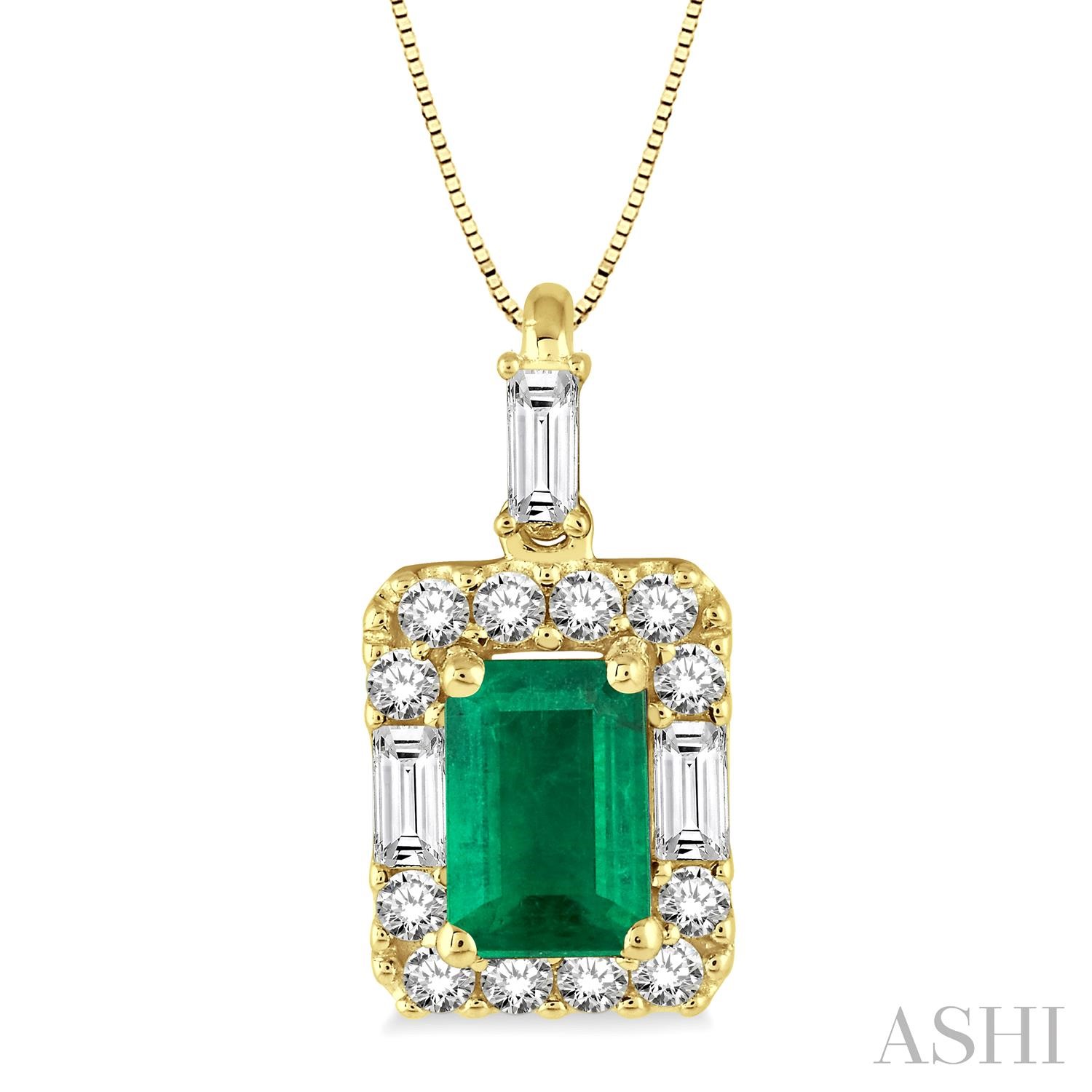 14 Karat Yellow Gold 6X4mm Emerald Cut Emerald And 0.30Ct Round Cut Diamond Pendant 18 inch