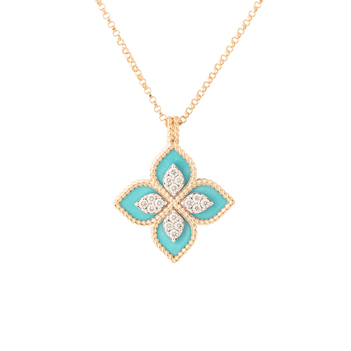 Roberto Coin 18 Karat Yellow Gold Turquoise And Diamond 0.15 Ct Venetian Princess Pendant 18 Inch