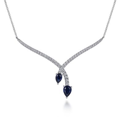 Gabriel & Co 14 Karat White Gold  0.59 ct Diamond and 1.24 ct Blue Sapphire Teardrop Twist Necklace 
Length: 17.5 inch