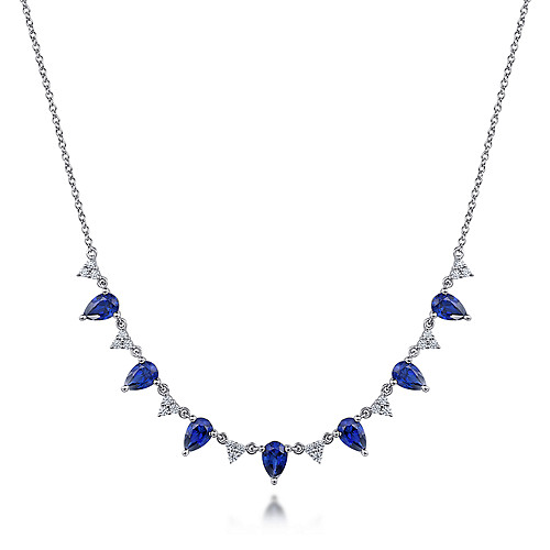 Gabriel & Co 14 Karat White Gold 0.35 Ct  Diamond And Teardrop 3.27 Ct Blue Sapphire Station Necklace
Length: 17.5 Inch