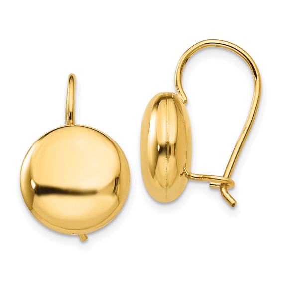 14 karat Yellow Gold Polished 12mm Button Kidney Wire Earrings